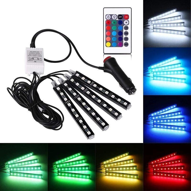 Sistem Iluminare Ambientala Auto cu 4 Benzi LED RGB si Telecomanda – 7 Culori